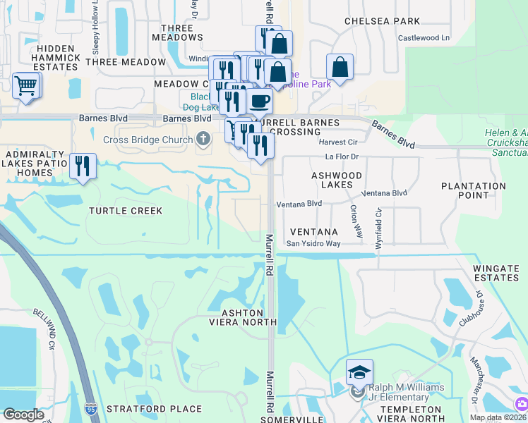 map of restaurants, bars, coffee shops, grocery stores, and more near 4007 Meander Place in Rockledge