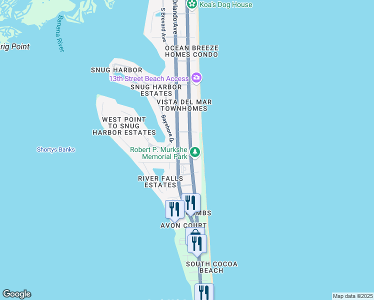 map of restaurants, bars, coffee shops, grocery stores, and more near 1580 South Atlantic Avenue in Cocoa Beach