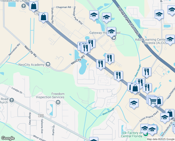map of restaurants, bars, coffee shops, grocery stores, and more near 150 Magic Landings Boulevard in Kissimmee