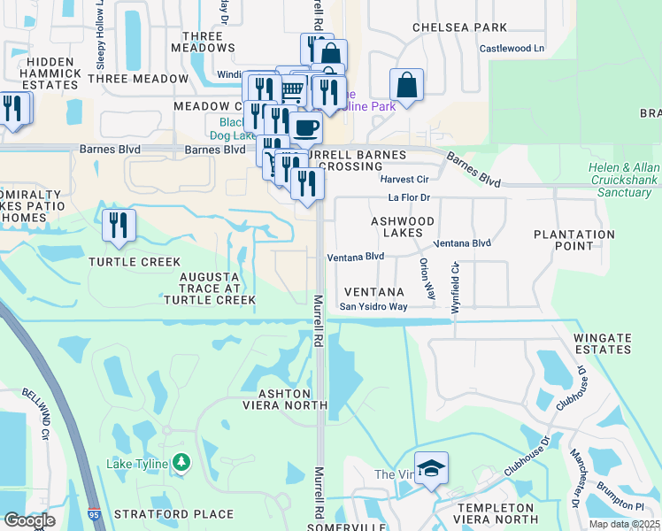 map of restaurants, bars, coffee shops, grocery stores, and more near 4175 San Ysidro Way in Rockledge