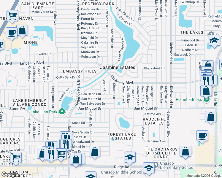 map of restaurants, bars, coffee shops, grocery stores, and more near 9120 Chatam Lane in Port Richey
