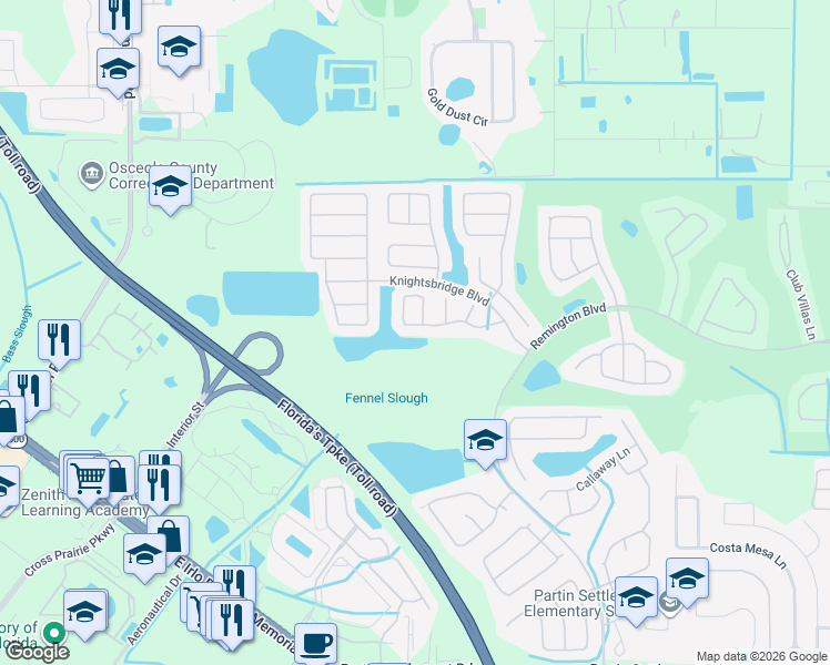 map of restaurants, bars, coffee shops, grocery stores, and more near 2542 Brookstone Drive in Kissimmee