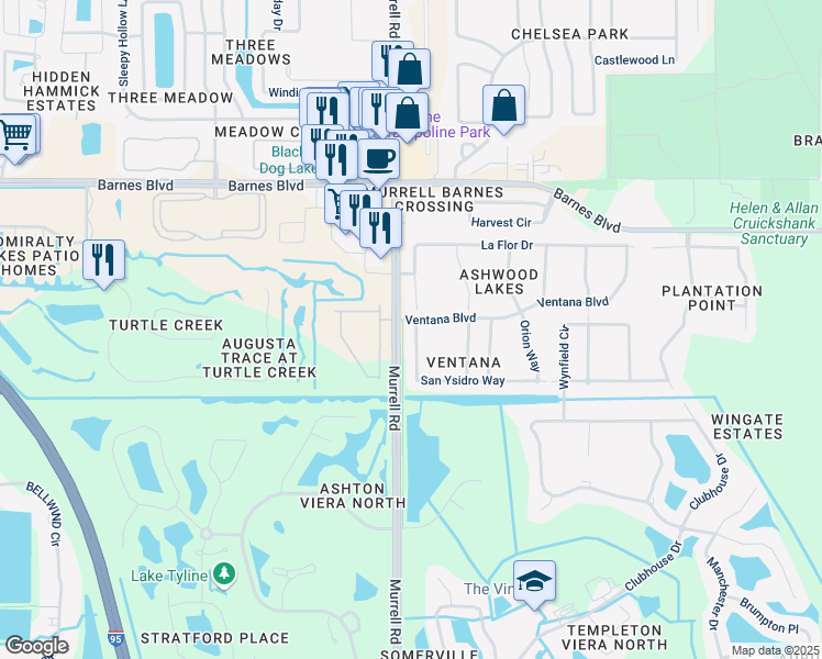 map of restaurants, bars, coffee shops, grocery stores, and more near 4175 San Ysidro Way in Rockledge