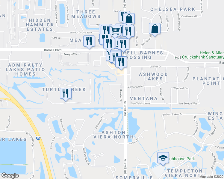 map of restaurants, bars, coffee shops, grocery stores, and more near 4066 Meander Place in Rockledge
