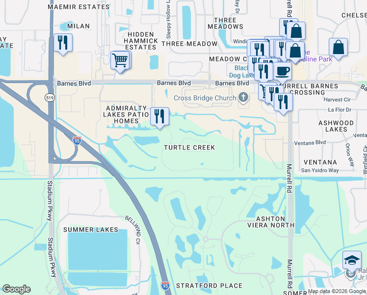map of restaurants, bars, coffee shops, grocery stores, and more near 1588 Outrigger Circle in Rockledge