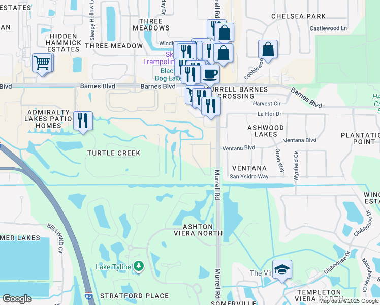 map of restaurants, bars, coffee shops, grocery stores, and more near 4066 Meander Place in Rockledge