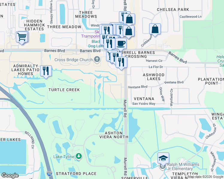map of restaurants, bars, coffee shops, grocery stores, and more near 4066 Meander Place in Rockledge