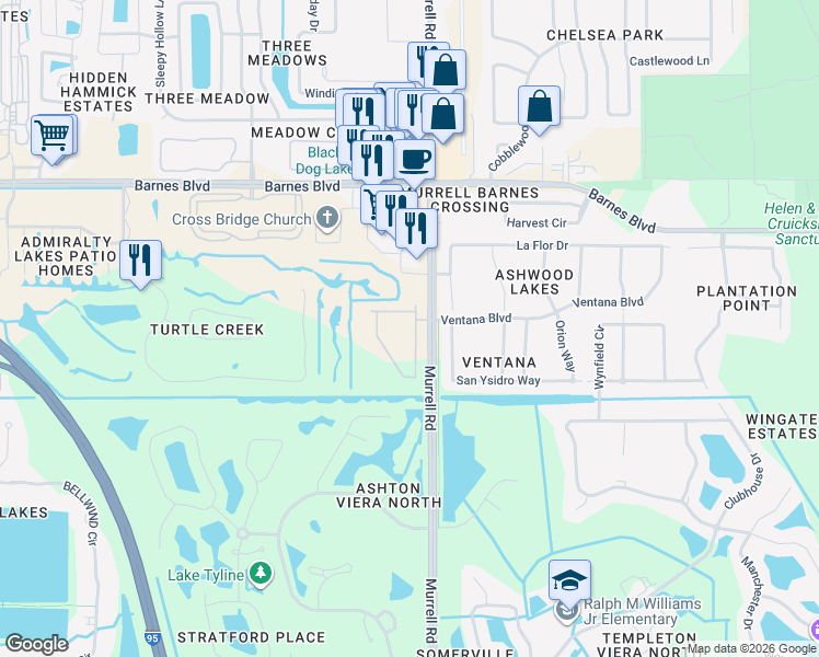 map of restaurants, bars, coffee shops, grocery stores, and more near 4007 Meander Place in Rockledge