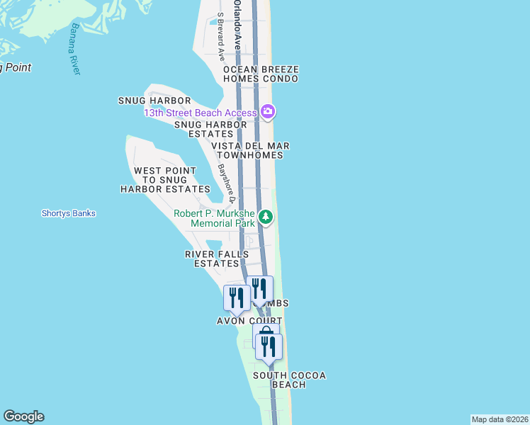 map of restaurants, bars, coffee shops, grocery stores, and more near 1590 South Atlantic Avenue in Cocoa Beach