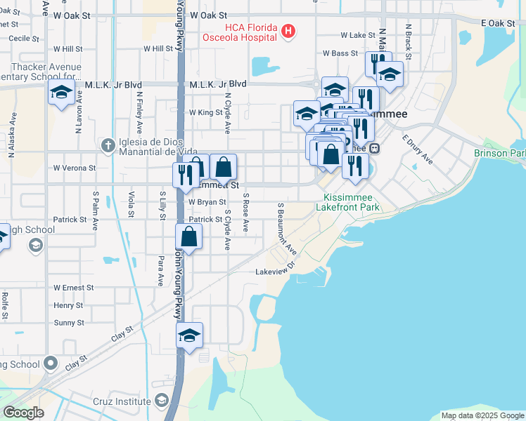map of restaurants, bars, coffee shops, grocery stores, and more near 2 Courthouse Sq in Kissimmee