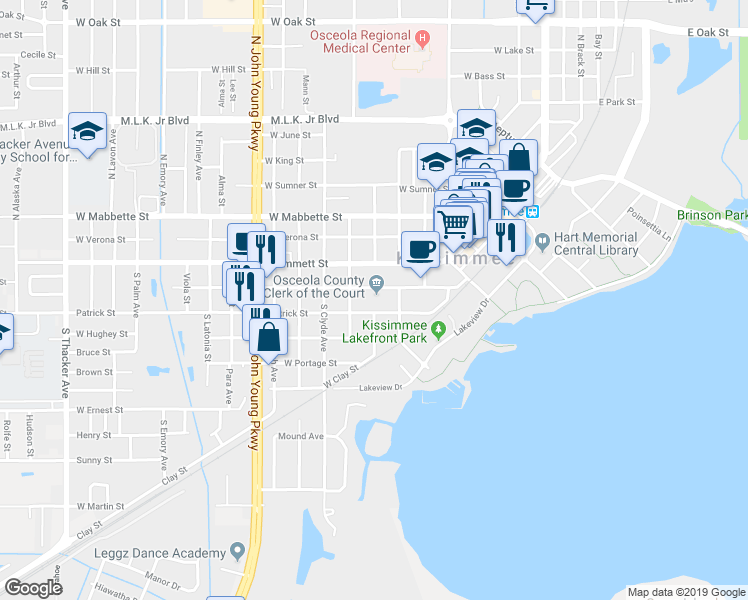 map of restaurants, bars, coffee shops, grocery stores, and more near 2 Courthouse Sq in Kissimmee