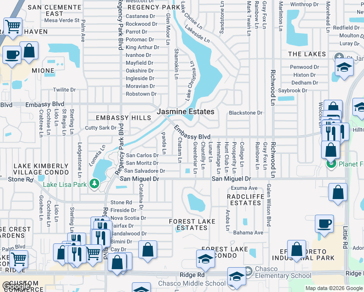 map of restaurants, bars, coffee shops, grocery stores, and more near 9120 Chatam Lane in Port Richey