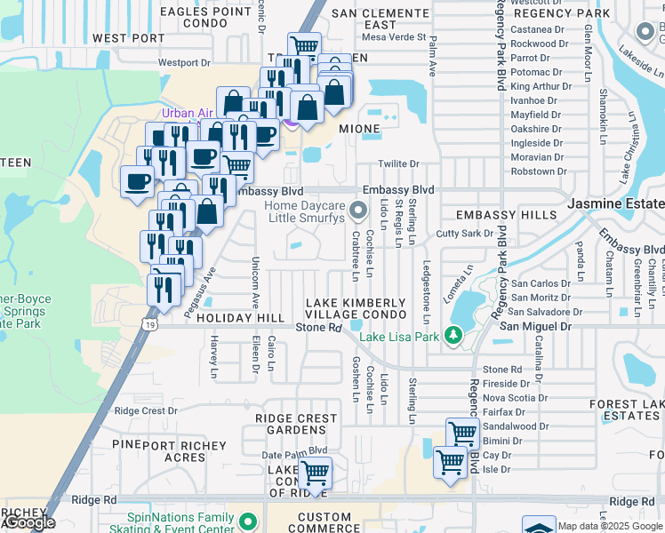 map of restaurants, bars, coffee shops, grocery stores, and more near 9133 Saint Clair Lane in Port Richey
