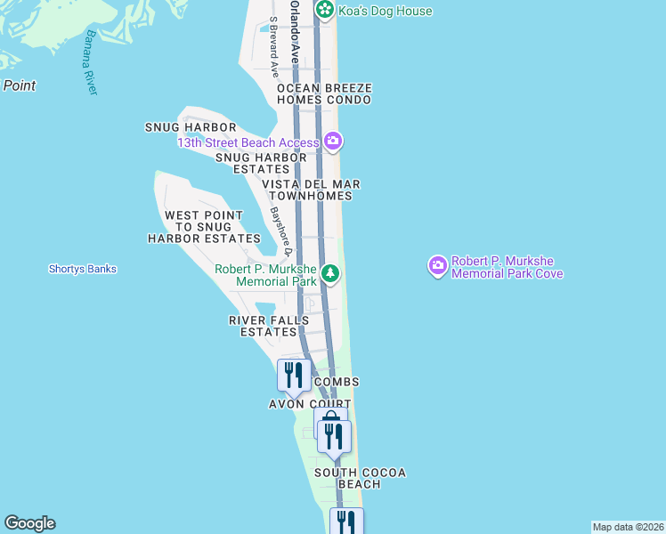 map of restaurants, bars, coffee shops, grocery stores, and more near 1563 South Atlantic Avenue in Cocoa Beach