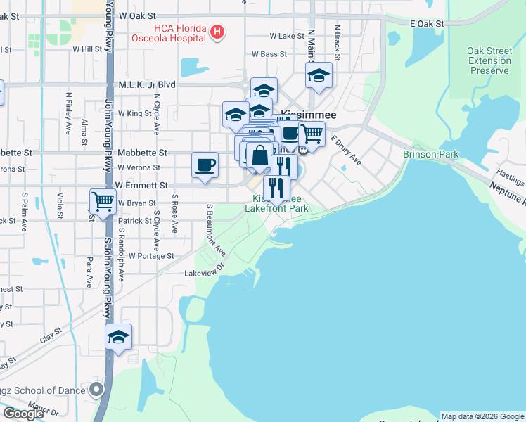 map of restaurants, bars, coffee shops, grocery stores, and more near 201 Lakeview Drive in Kissimmee