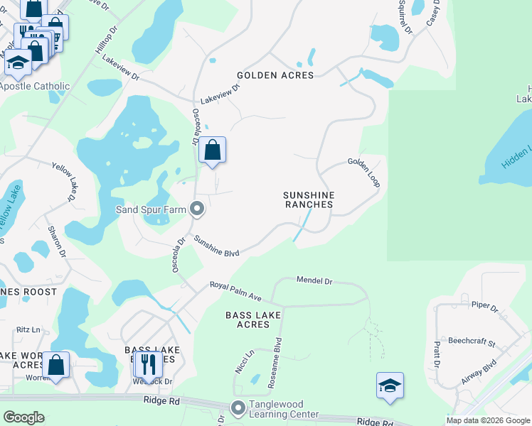 map of restaurants, bars, coffee shops, grocery stores, and more near 9109 Sunshine Boulevard in New Port Richey