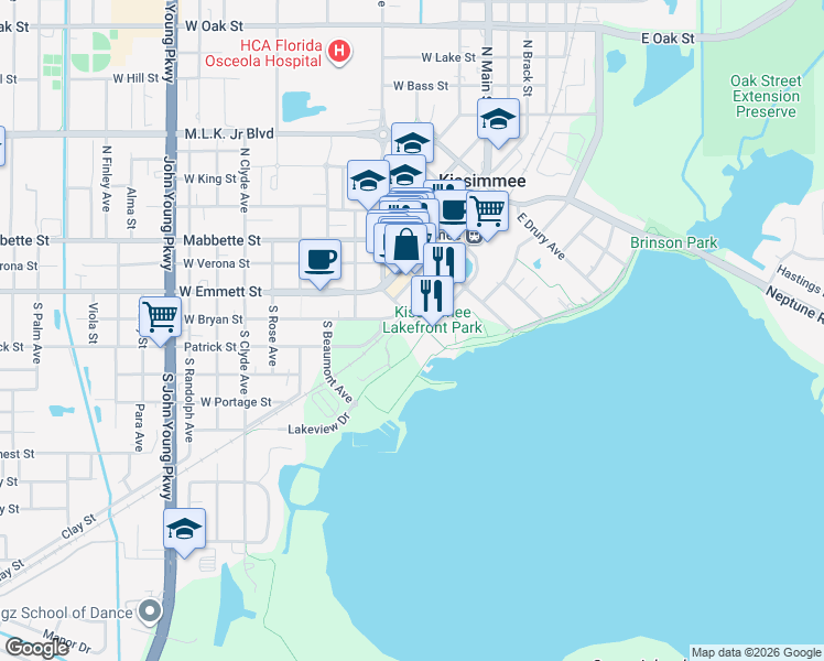map of restaurants, bars, coffee shops, grocery stores, and more near 110 Lakeview Drive in Kissimmee
