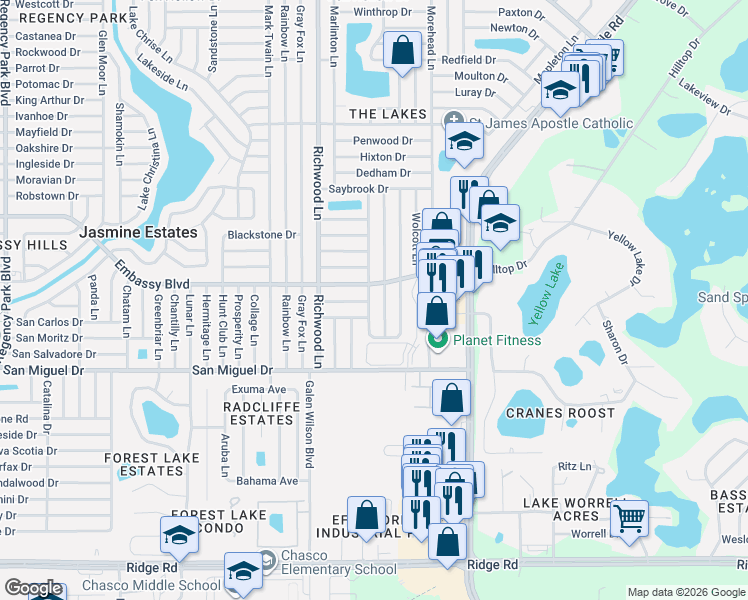 map of restaurants, bars, coffee shops, grocery stores, and more near 9146 Whitman Lane in Port Richey