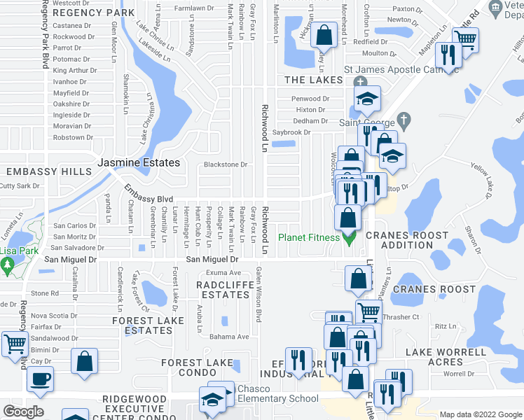 map of restaurants, bars, coffee shops, grocery stores, and more near 9147 Richwood Lane in Port Richey