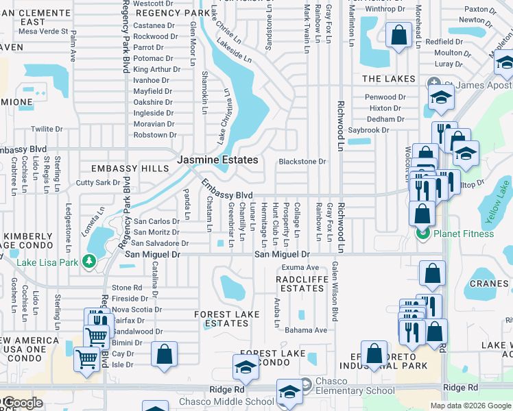 map of restaurants, bars, coffee shops, grocery stores, and more near 9120 Lunar Lane in Port Richey
