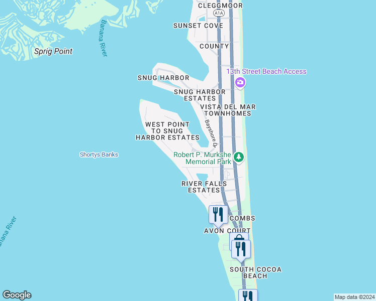 map of restaurants, bars, coffee shops, grocery stores, and more near 1610 Bayshore Drive in Cocoa Beach