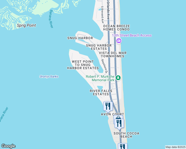 map of restaurants, bars, coffee shops, grocery stores, and more near 1610 Bayshore Drive in Cocoa Beach