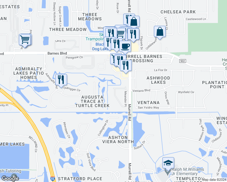 map of restaurants, bars, coffee shops, grocery stores, and more near 4066 Meander Place in Rockledge