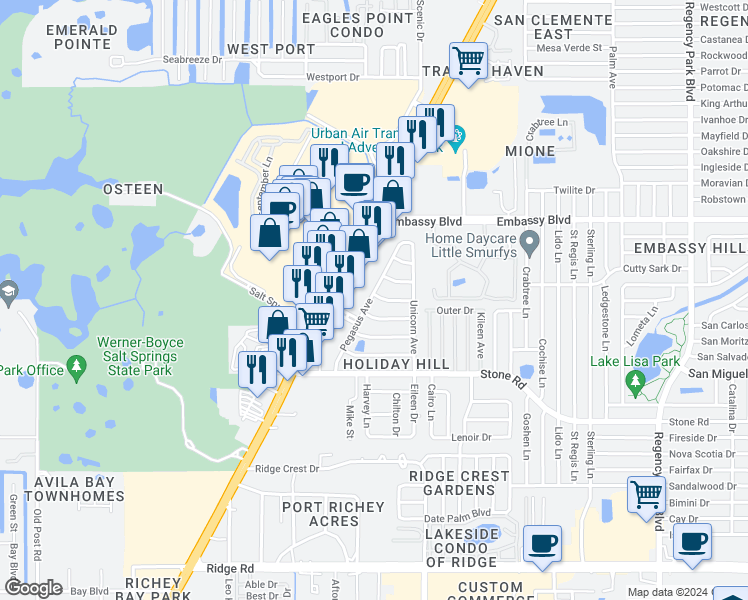 map of restaurants, bars, coffee shops, grocery stores, and more near 9138 Pegasus Avenue in Port Richey