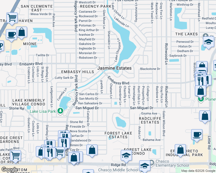map of restaurants, bars, coffee shops, grocery stores, and more near 9120 Chatam Lane in Port Richey