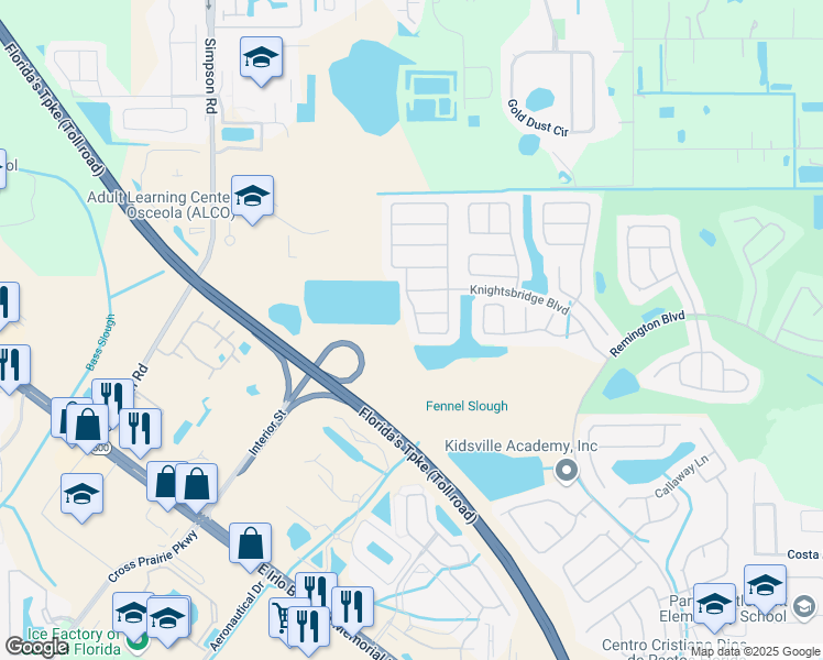 map of restaurants, bars, coffee shops, grocery stores, and more near 251 Southbridge Circle in Kissimmee