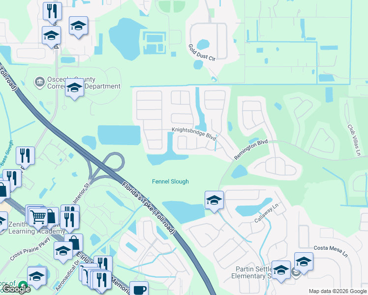 map of restaurants, bars, coffee shops, grocery stores, and more near 2589 Brookstone Drive in Kissimmee