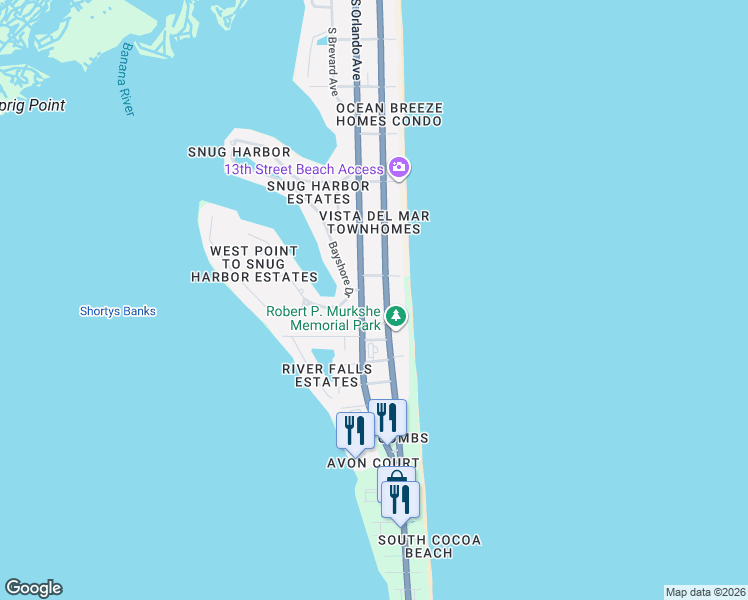 map of restaurants, bars, coffee shops, grocery stores, and more near 1590 South Atlantic Avenue in Cocoa Beach