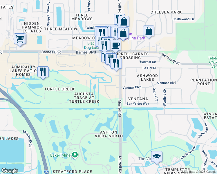 map of restaurants, bars, coffee shops, grocery stores, and more near 4066 Meander Place in Rockledge