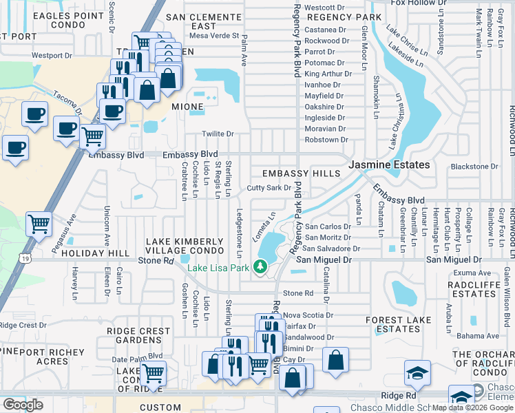 map of restaurants, bars, coffee shops, grocery stores, and more near 7025 Kingsway Drive in Port Richey