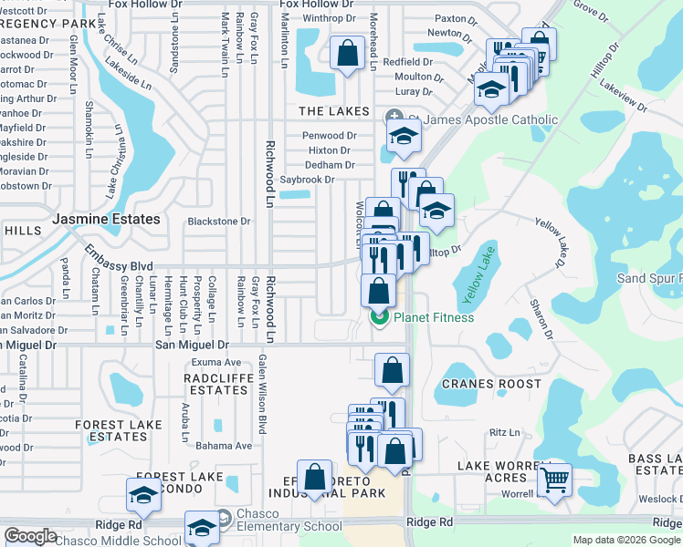 map of restaurants, bars, coffee shops, grocery stores, and more near 9232 Barrington Lane in Port Richey