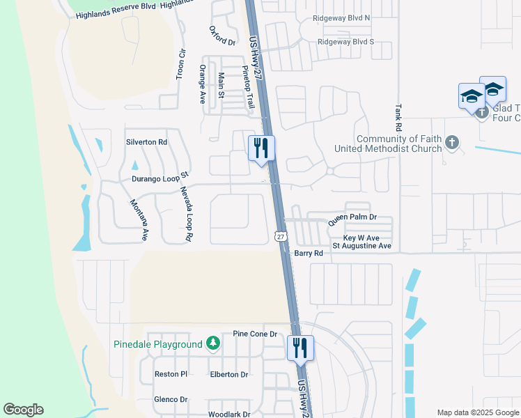map of restaurants, bars, coffee shops, grocery stores, and more near 104 Langham Drive in Davenport