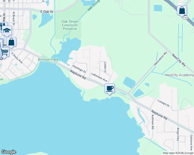 map of restaurants, bars, coffee shops, grocery stores, and more near 1365 Lakeview Avenue in Kissimmee