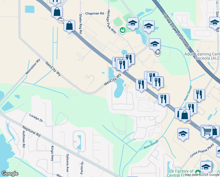map of restaurants, bars, coffee shops, grocery stores, and more near 338 Magical Way in Kissimmee
