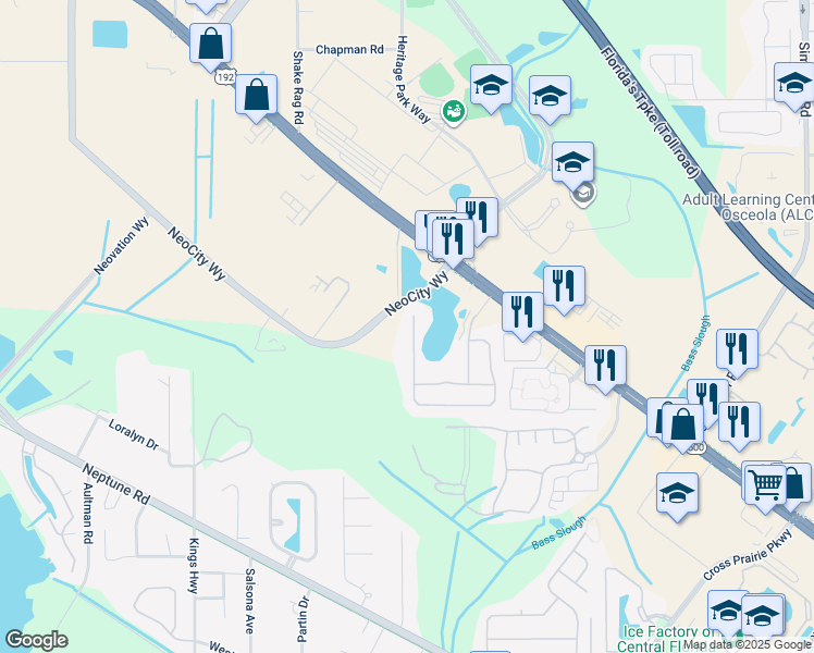 map of restaurants, bars, coffee shops, grocery stores, and more near 338 Magical Way in Kissimmee
