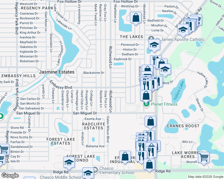 map of restaurants, bars, coffee shops, grocery stores, and more near 8034 Manvel Drive in Port Richey