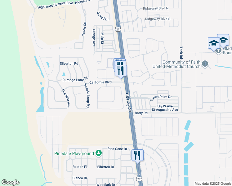 map of restaurants, bars, coffee shops, grocery stores, and more near 104 Langham Drive in Davenport