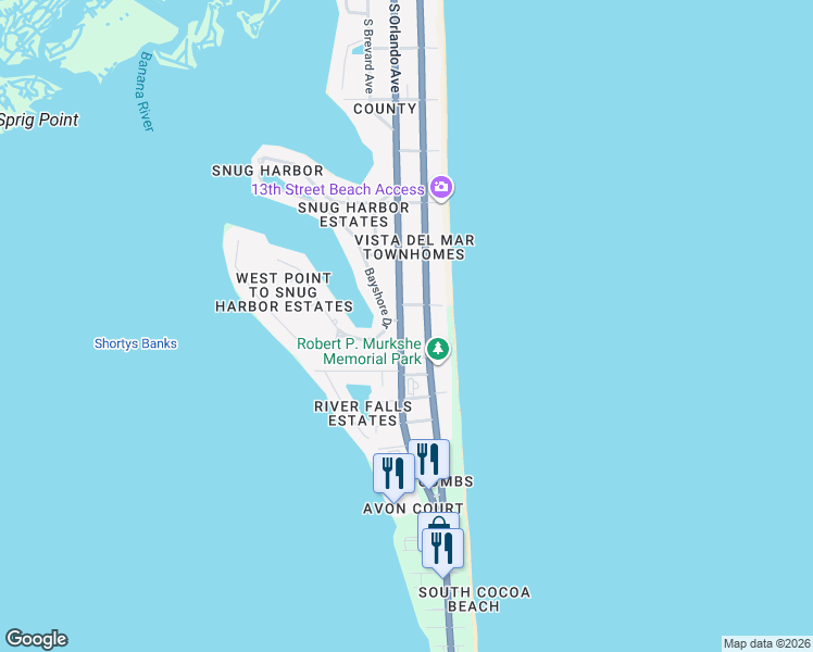 map of restaurants, bars, coffee shops, grocery stores, and more near 1513 South Orlando Avenue in Cocoa Beach