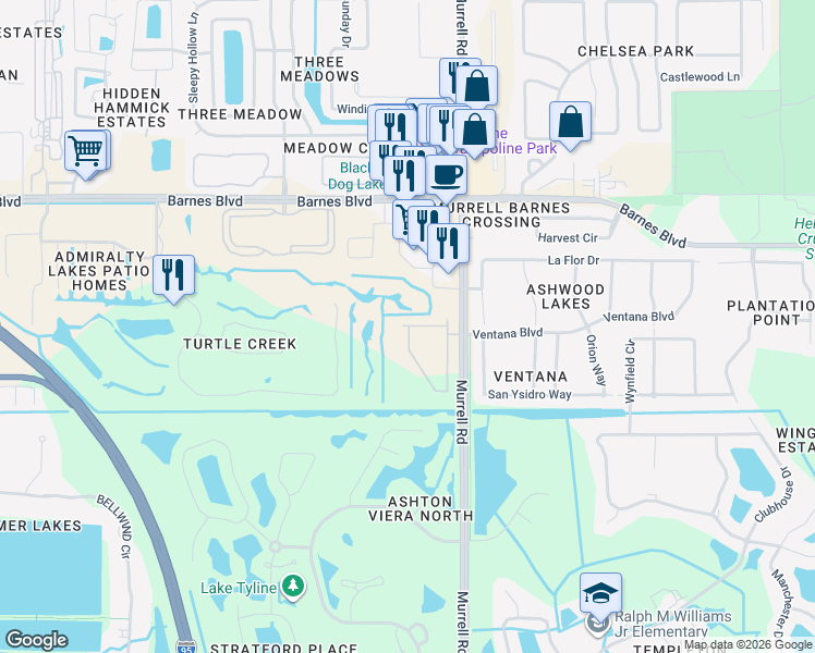 map of restaurants, bars, coffee shops, grocery stores, and more near 4108 Meander Place in Rockledge