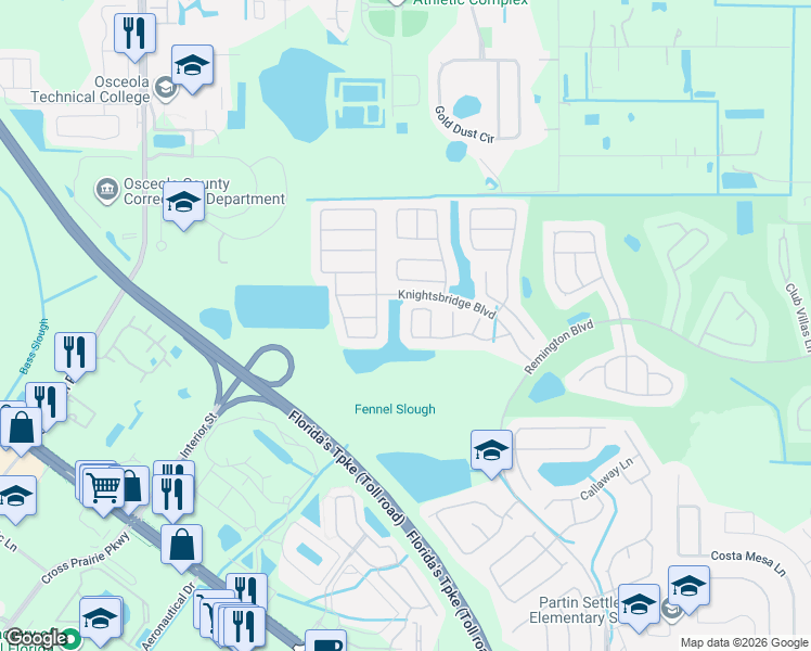 map of restaurants, bars, coffee shops, grocery stores, and more near 2562 Brookstone Drive in Kissimmee