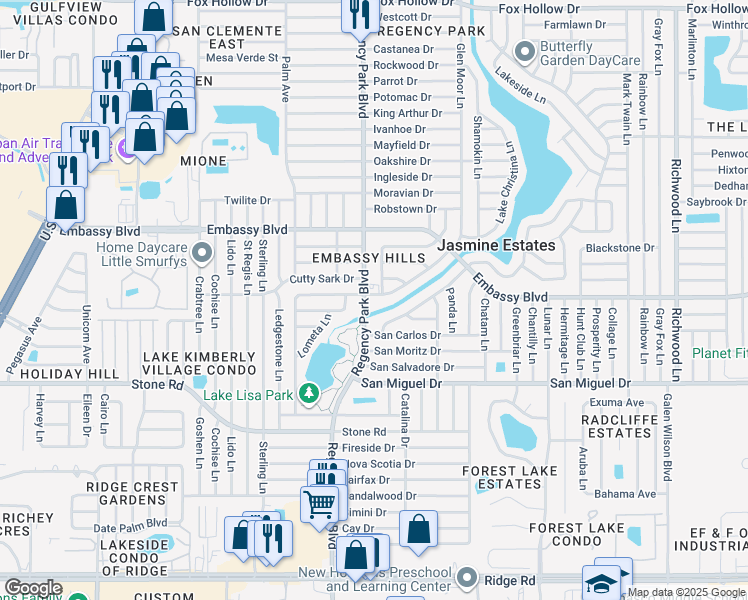 map of restaurants, bars, coffee shops, grocery stores, and more near 7224 Brannan Drive in Port Richey