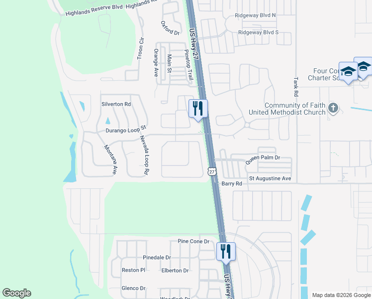 map of restaurants, bars, coffee shops, grocery stores, and more near 104 Langham Drive in Davenport