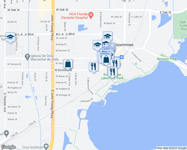 map of restaurants, bars, coffee shops, grocery stores, and more near 18 South Orlando Avenue in Kissimmee