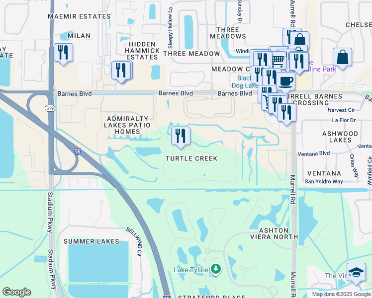 map of restaurants, bars, coffee shops, grocery stores, and more near 1548 Outrigger Circle in Rockledge