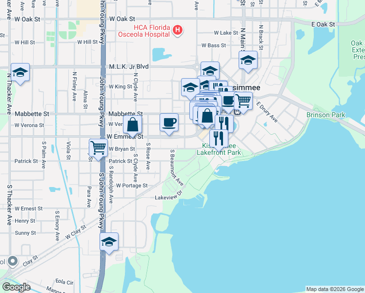 map of restaurants, bars, coffee shops, grocery stores, and more near 18 South Orlando Avenue in Kissimmee