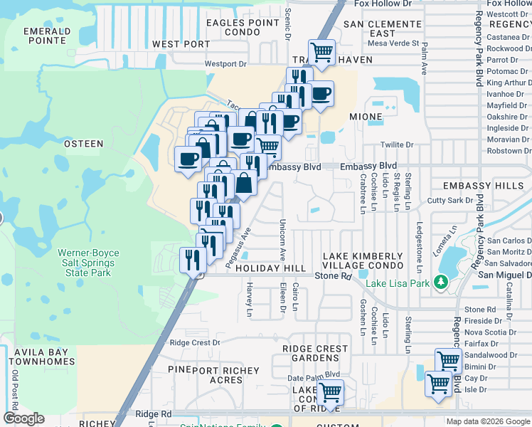 map of restaurants, bars, coffee shops, grocery stores, and more near 6415 Pensive Drive in Port Richey